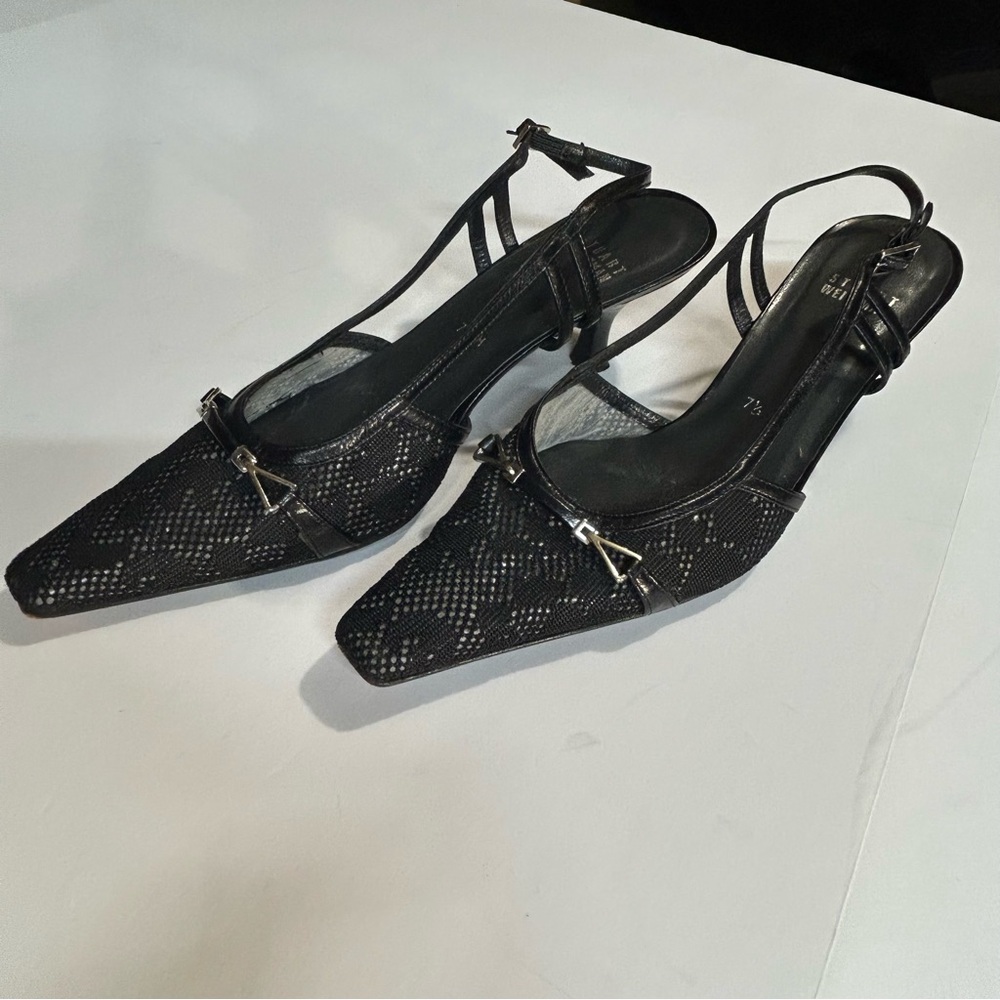 Stuart Weitzman Sling Back Pumps Black Kitten Heel Size 7 1/2M Hampton